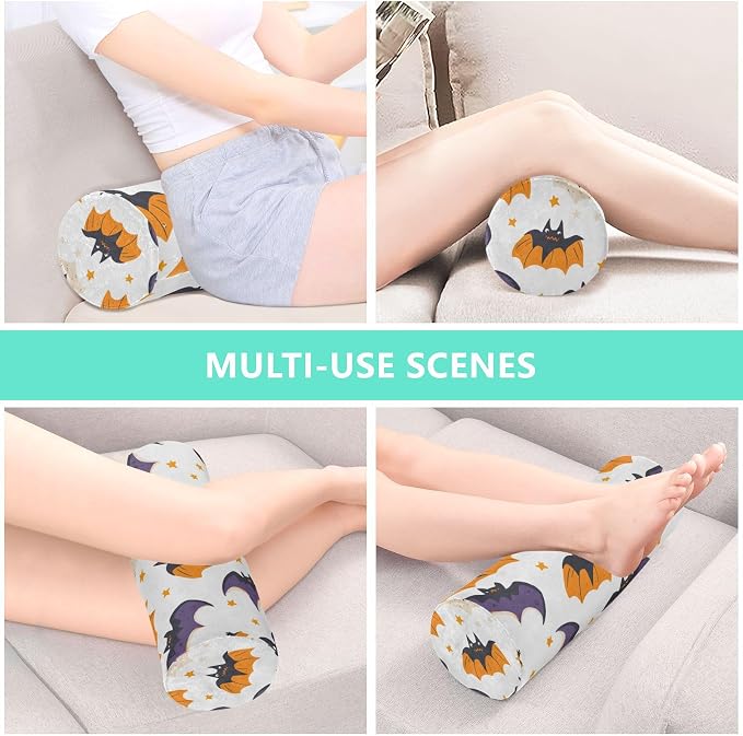White Halloween Bats and Stars Neck Roll Pillow Bolster Round Health Memory Foam Long Cervical Cylinder Pillows with Removable Washable Cover for Body Bed Legs Back Yoga