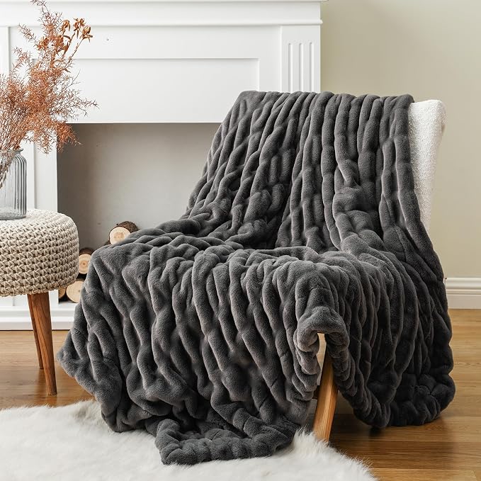 BATTILO Grey Faux Fur Throw Blanket for Couch, 60"x80", Double Side | Luxury Large Minky Couture Blanket, Premium Silky Cozy Warm Soft Fluffy Faux Fur Blanket For Bed, Sofa Living Room