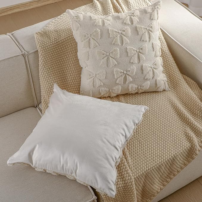 Mixweer Beige Bow Pillow Covers Set of 2 Preppy Room Decor Coquette Cute Spring Summer Decorative Faux Fur Soft Bowknot Stuff Fluffy Plush Aesthetic Pillowcase for Bed Sofa Couch (20 x 20 Inch)