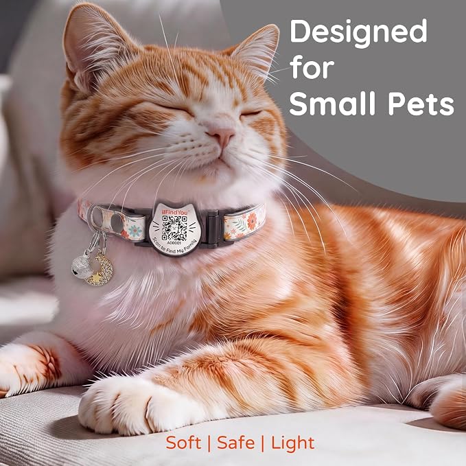 Breakaway Cat Collar QR Code, Reflective Bell, Adjustable Kitten Wht Flower