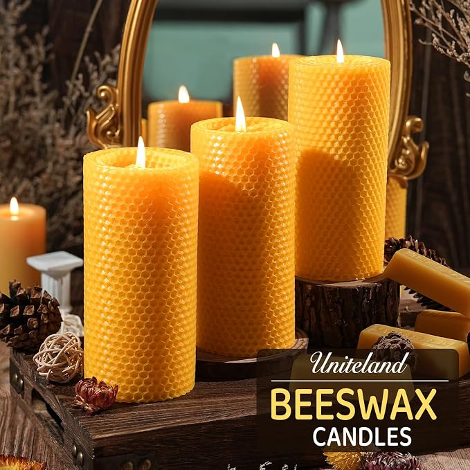 2 Pack Beeswax Pillar Candles, 90 Hours 2.8x6 Inch Hand-Rolled Large Beeswax Pillar Candles, Handcrafted Honeycomb Bees Wax for Home, Candle Lovers (2.8x6 in)