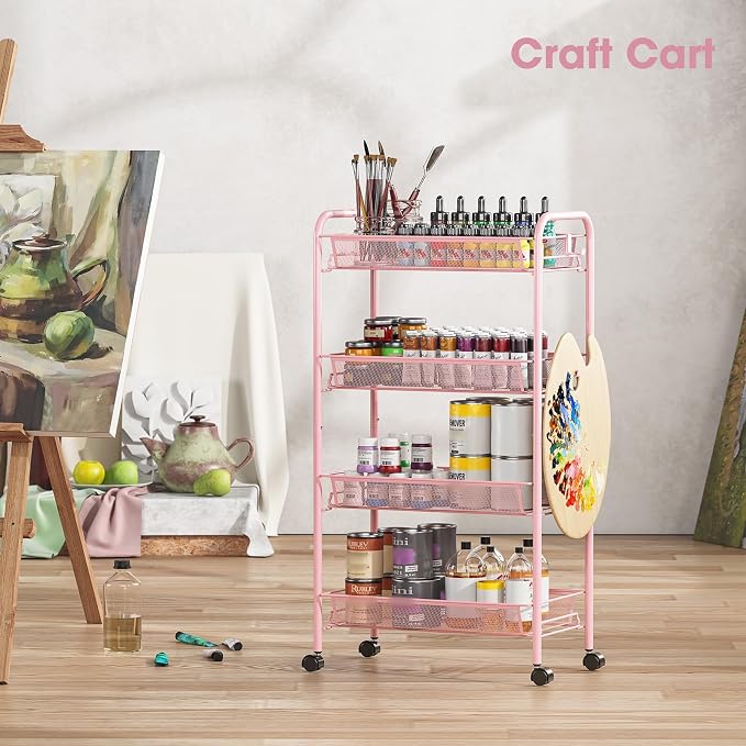 TOOLF 4 Tier Rolling Cart, Metal Utility Storage Cart with Wheels, Pink | 3 Hooks, Screwless Assembly, Trolley Organizer for Bathroom, Kitchen, Office, Nursery, Dorm, Laundry Room