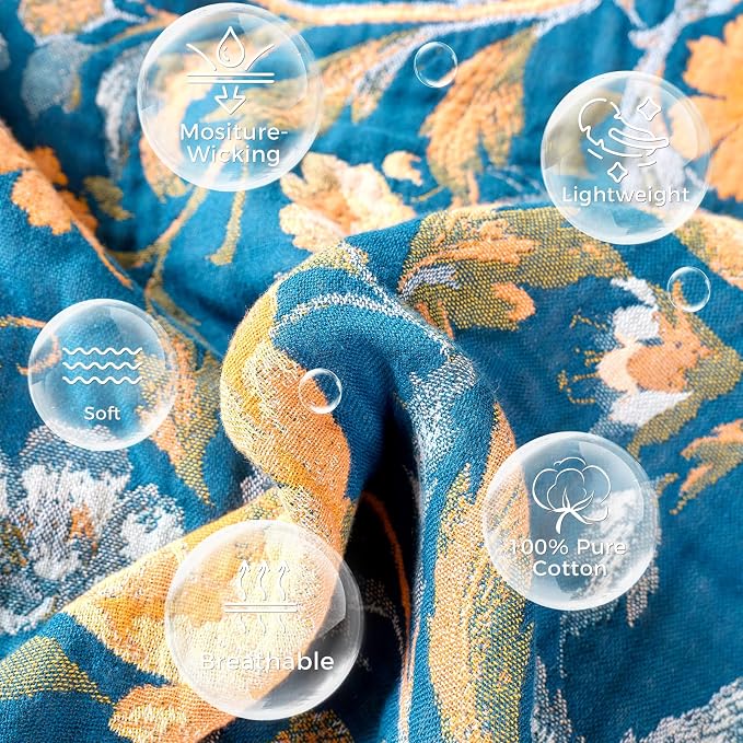 LUTBM Boho Throw Blanket for Bed 60"x80", All Season Cotton Couch Blankets | Blue Reversible Floral Birds Jacquard, Soft All-Season Twin Lightweight Quilt, For Chair Sofa Bedroom Living Room, Home Decor