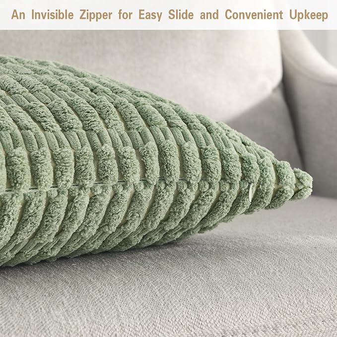 Volcanics Pack of 2 Sage Green Decorative Throw Pillow Covers 22x22 Inch | Soft Corduroy Striped Square Cushion Cases, Modern Farmhouse Boho Home Decor for Spring Couch Bed Sofa Living Room