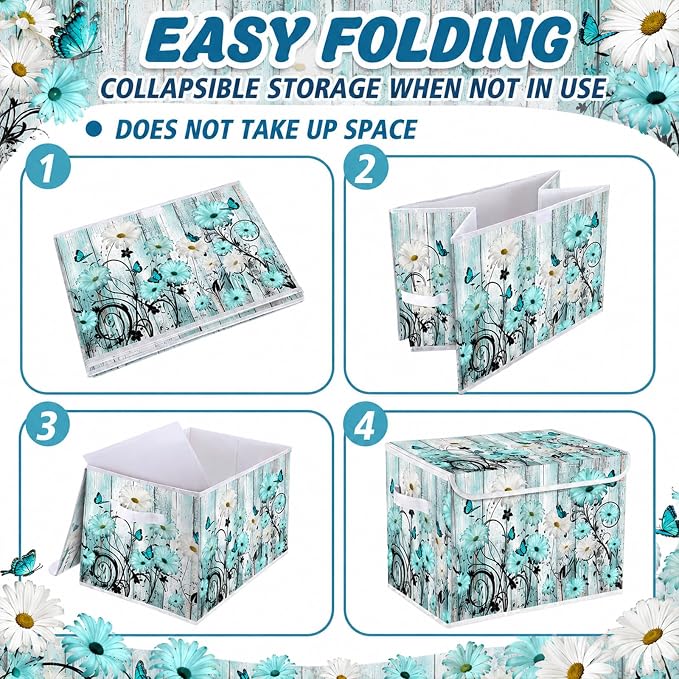 Briwooody Blue Daisy Storage Bin with Lid and Carrying Handle Floral Butterfly Foldable Storage Box Large Farmhouse Decorative Collapsible Container Basket for Organizing Closet Home Bedroom Gift