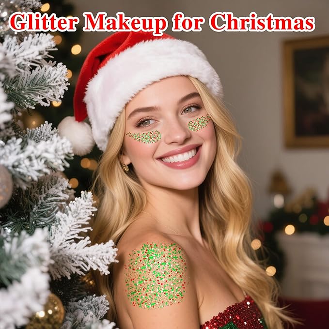 Christmas Hair Glitter Stick,Red and Green Silver Face Body Glitter for Kids,Waterproof Christmas Outfits for Women, Stocking Stuffers Sparkling Party Gift for Girls,Chunky Glitter Makeup
