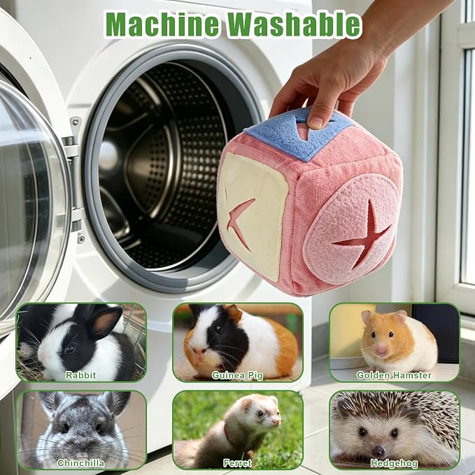 Rabbit Foraging Toy with Bell,Puzzle Feed Game Guinea Pig Fun Enrichment Toys Boredom Relief,Washable Snuffle Interactive Treat Ball Dispenser Exercise Bunny Toys for Indoor Bunnies(Pink)