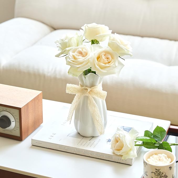 White Ceramic Flower Vase, 8 in Modern Decorative Vases for Home Decor | Minimalism Boho Vases for Centerpieces, Unique Vase for Famhouse Table Bedroom Living Room Office Wedding Farmhouse Decor