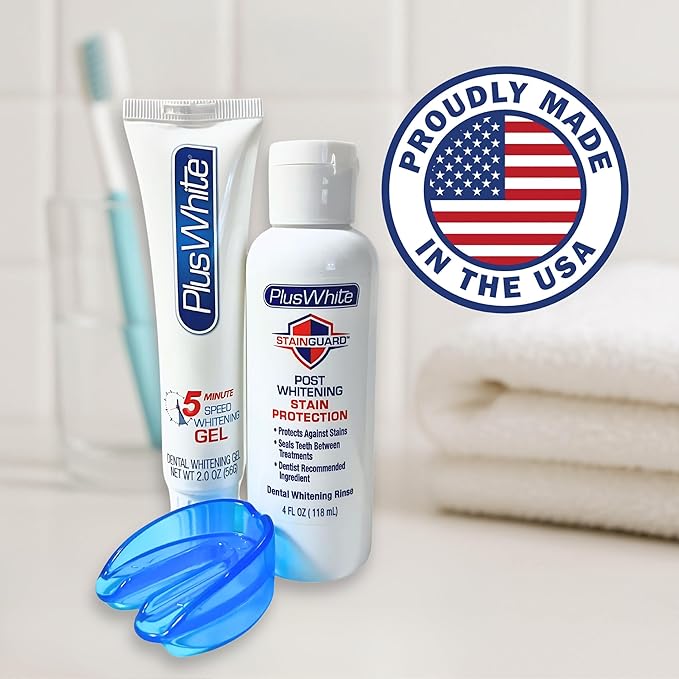 Plus White Premier Whitening System - 5 Minute Speed Whitening Gel, Comfort Fit Mouth Tray & StainGuard Post - Dentist Approved & Professional Grade (2 oz Tube, Mouth Tray and 4 oz Post Rinse)