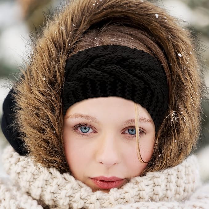 4 Pieces Winter Ear Warmers Headbands Women Warm Knitted Headband Braided Crochet Head Wraps for Girl (Black)