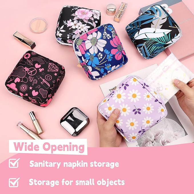 Period Bag for Girls Polyester Period Pouch Pad Bag First Period Kit for Teen Pads/Sanitary Napkins/Small Tampons, Feminine Hygiene Organizer for Women (Pink Flowers)