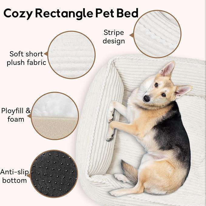 Zerbuger 25in Cream Rectangle Cat Dog Bed Machine Washable Sleeping Sofa | for Large Medium Small Pets Indoor Outdoor, Non-Slip Bottom Soft Puppy Bed Durable Orthopedic Calming Pet Cuddler