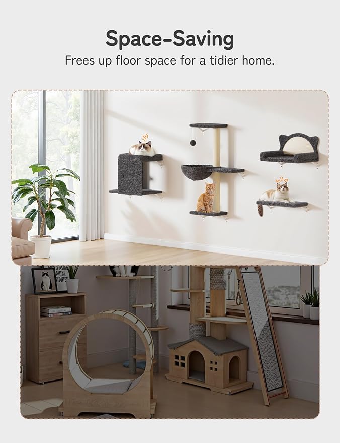 5-in-1 Cat Wall Shelves, Solid Wood Cat Wall Furniture Set for Indoor Cats | 44 lb per Shelf, 72-Hour Load Tested, Pre-Drilled, Fits 16 in. Stud Drywall & Solid Walls, for Small to Medium Cats