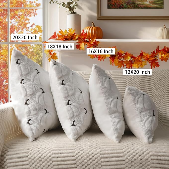 Fall Pumpkins Decorative Pillow Covers 20x20 Set of 2, White Soft Plush Faux Fur Wool Farmhouse Throw Cushion Cases for Autumn Thanksgiving Holiday Home Decorations