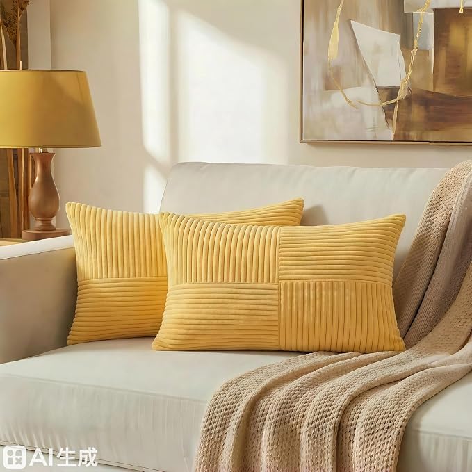 Fancy Homi Set of 1 Yellow Long Lumbar Decorative Throw Pillow Covers 12x24 Inch for Couch Bed Sofa, Rustic Farmhouse Boho Home Decor, Soft Striped Corduroy Rectangle Accent Cushion Case 30x60 cm