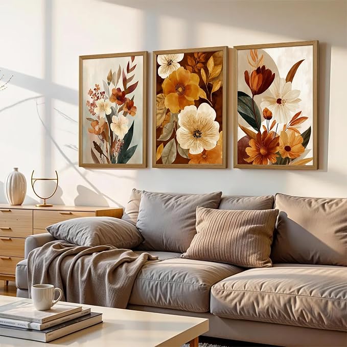 Boho Flower Wall Art Vintage Abstract Floral Prints Botanical Canvas Wall Decor Flower Farmhouse Pictures Fall Plant Poster Rustic Autumn Floral Artwork for Bedroom Living Room 16x24x3 Inch Framed 