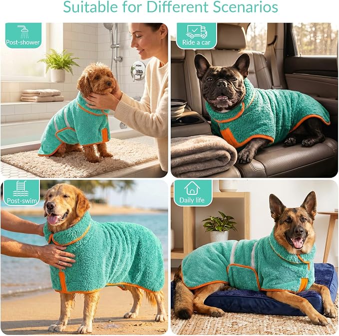 Dog Bathrobe, Super Absorbent for Small to Large Dogs, Lake Green L | Dog Robes with Soft Fleece, Warm & Cozy, Adjustable Fit, and Quick Drying Coat for Baths Swimming and Grooming