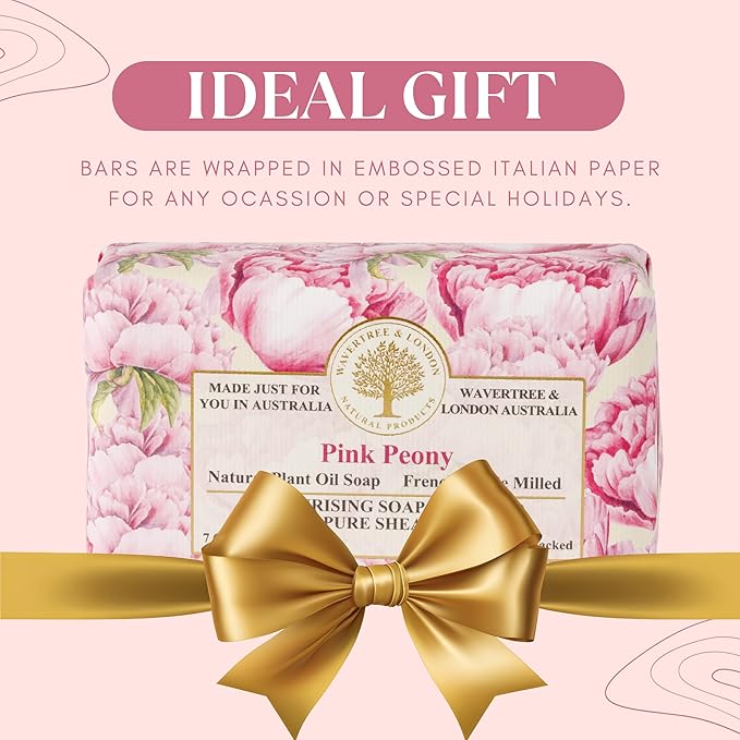 Wavertree & London Pink Peony Scented Natural Soap (8 Bars), 7oz Moisturizing French Triple Milled Soap Bars enriched with shea butter - Pure Plant Oil Bath & Body Bars for All Skin Types