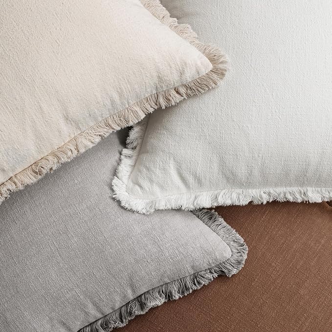 MIULEE Fall Linen Fringe Pillow Covers Set of 4 18x18 Beige/Brown/Grey | Boho Farmhouse Decorative Throw Pillow Covers, Neutral Soft Rustic Cushion Cases, for Couch Sofa Bed Living Room Home Decor