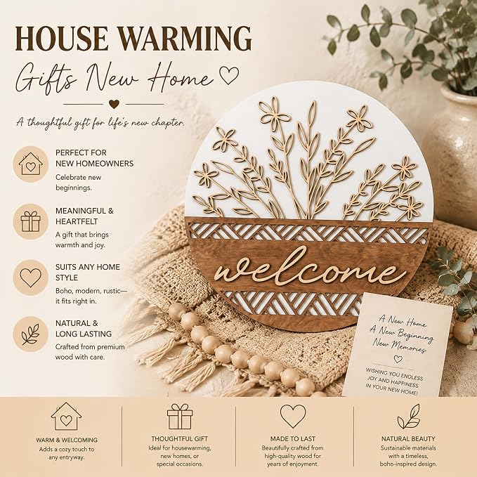 3D Wooden Welcome Sign for Front Door, Boho Rustic Round Door Hanger, Modern Farmhouse Wall Decor, Housewarming Gift for New Home, Porch & Fence Decoration for Spring, Summer, Fall and All Seasons