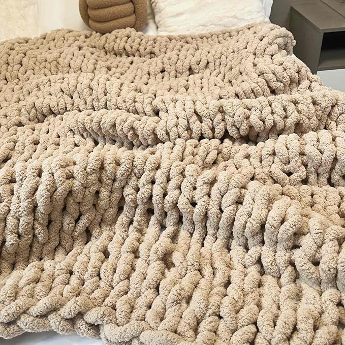 Soft Chunky Knit Throw Blanket for Couch, Cozy Warm Knitted Blankets | Hand Knit with Jumbo Chenille, Lightweight Warm Fluffy Decor for Women, Mom, Her & Girls, Sofa, Chair, Bed, 40"×40" (Tan)