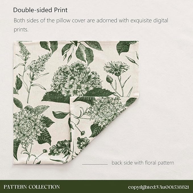 Foindtower Set of 2 Linen Floral Throw Pillow Covers Neutral Vintage Print Decorative Cozy Cushion Covers Farmhouse Boho Home Decor for Sofa Chair Couch Bedroom Living Room,20×20 Inch,Dark Green