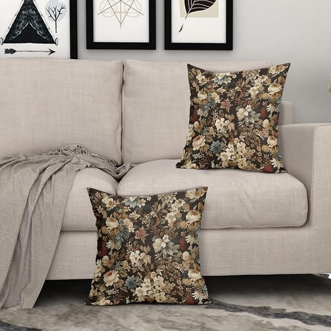 Deep Brown Vintage Floral Pillow Covers 22X22 Inch Set of 2 Boho Ivory White Flower Botanical Decorative Square Pillow Cases Rustic Bohemian Cushion Case Farmhouse Home Decor for Sofa Couch