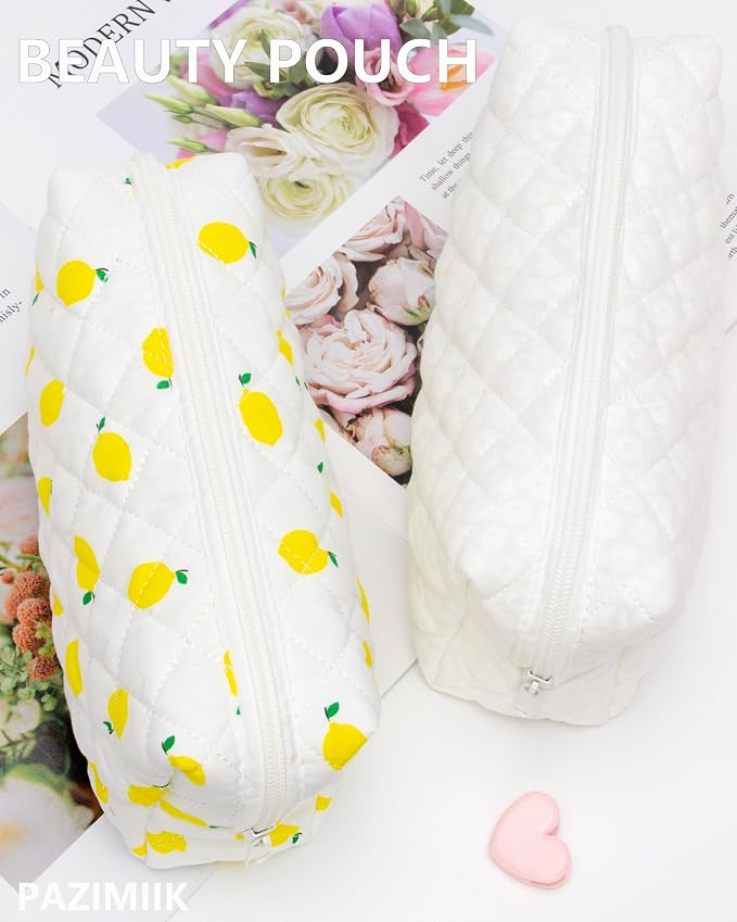 PAZIMIIK Small Quilted Makeup Bag,Zipper Cosmetic Pouch,Lemon White | Lightweight Cosmetic Bag Organizer for Women,Purse Storage Holds Makeup,Toiletries,Skincare,Beauty Essentials,Travel Items