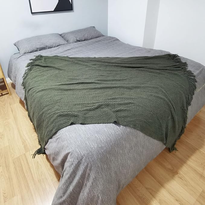 LOMAO Knitted Throw Blanket with Tassels Bubble Textured Lightweight Throws for Couch Cover Home Decor (Dark Olive, 60x90)