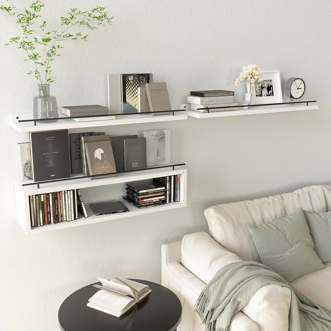 Floating Shelves for Wall 24 inch with Cube Shelf, Wall Shelves with Metal Rail for Bathroom Decor, Bathroom Organizers and Storage, Over Toilet Shelves, Toilet Paper-White
