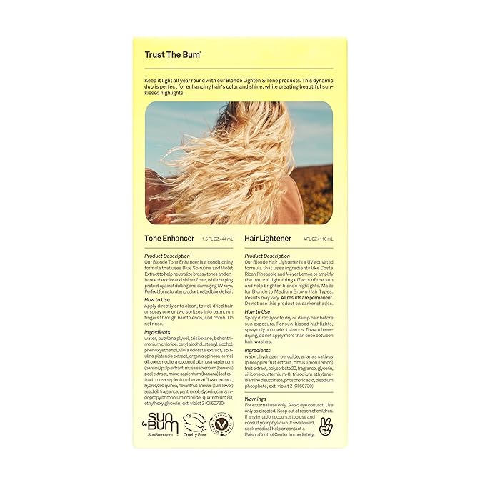 Sun Bum Lighten and Tone Travel Kit - Blonde Hair Lightener and Tone Enhancer - Enhances Hair Color and Shine while Neutralizing Brassy Tones - UV Protecting - Vegan and Cruelty Free (4 oz, 1.5 fl oz)