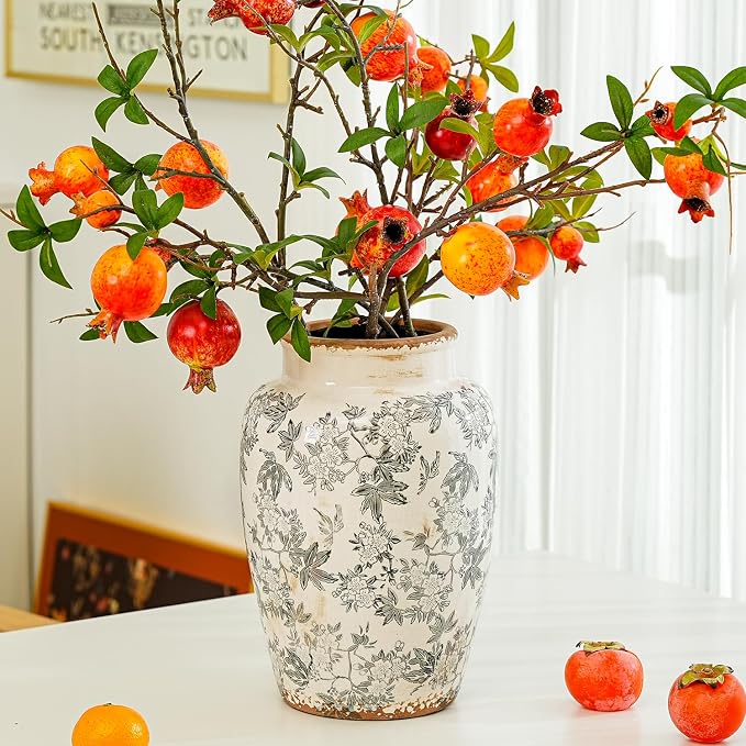 Sungmor Ceramic Flower Vase, Vintage Grey Ice Cracked Glaze Porcelain Vase | Pretty Home Decor Vase for Flower Arrangement, Fresh Flowers, 10.2 Inch Tall Chinoiserie Pottery Vase, Green Floral Pattern