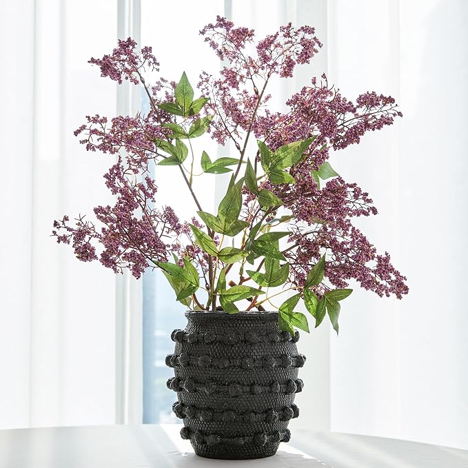 DN DECONATION Black Rustic Farmhouse Vase, 6.3" Flower Vase for Home Decor | Textured Boho Vase, Cement Decorative Flower Vases with Rope Knots for Living Room, Table Centerpiece, Shelf, Mantel Decor