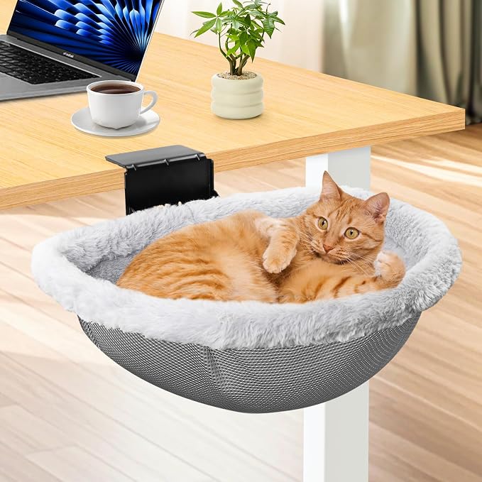 Extra-Sturdy Cat Desk Bed with Heavy-Duty Clamp | Sunken Hammock Design & Soft Faux Fur, Removable & Washable Cover, Holds Up to 40lbs, Space Saving Cat Perch