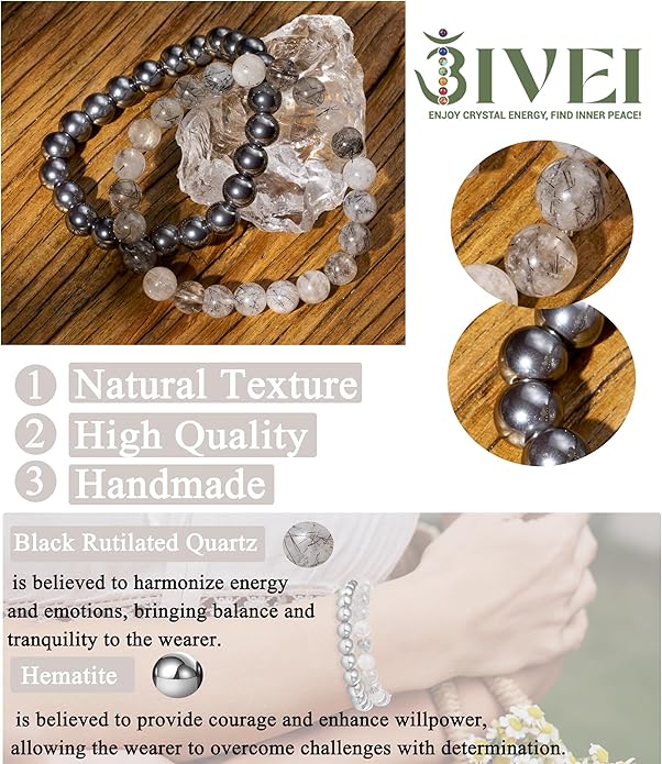 Bivei Natural Gemstone Semi Precious Healing Crystals Handmade Stretchy Round Beads Bracelet,Stocking Stuffers for Women Enhance Positive Energy