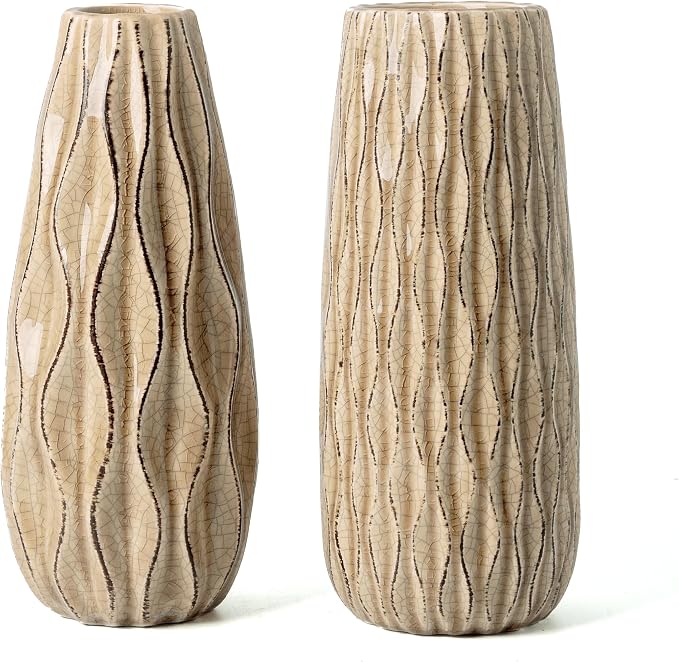 VICTOR & TERESA Ceramic Vase for Flowers, 10'' Set of 2 Decorative Rustic Beige Vases for Home Decor, Farmhouse Vases for Pampas Grass, Table, Mantel, Living Room, Shelf, Centerpieces, Gifts for Mom