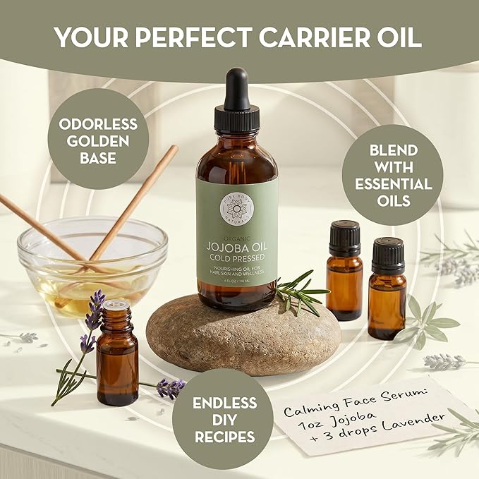 Pure Body Naturals Organic Jojoba Oil, 4 Fl Oz - 100% Pure, Organic, USA-Sourced, Cold Pressed Jojoba Oil for Skin, Face, Nails and Hair - Carrier Oil for Mixing Essential Oils