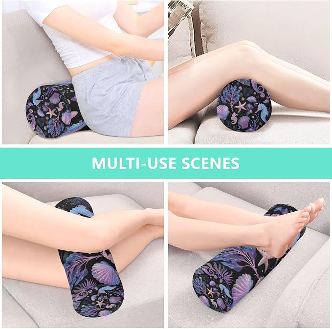 Seahorses Starfish Shells Purple Neck Roll Pillow Bolster Round Health Memory Foam Long Cervical Cylinder Pillows with Removable Washable Cover for Body Bed Legs Back Yoga