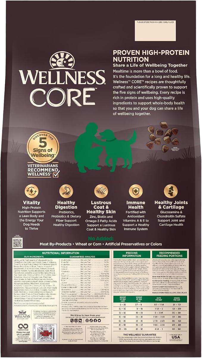 Wellness CORE Adult Dry Dog Food, Grain Free Kibble, Natural, High Protein, Lamb Recipe, 22 lb Bag