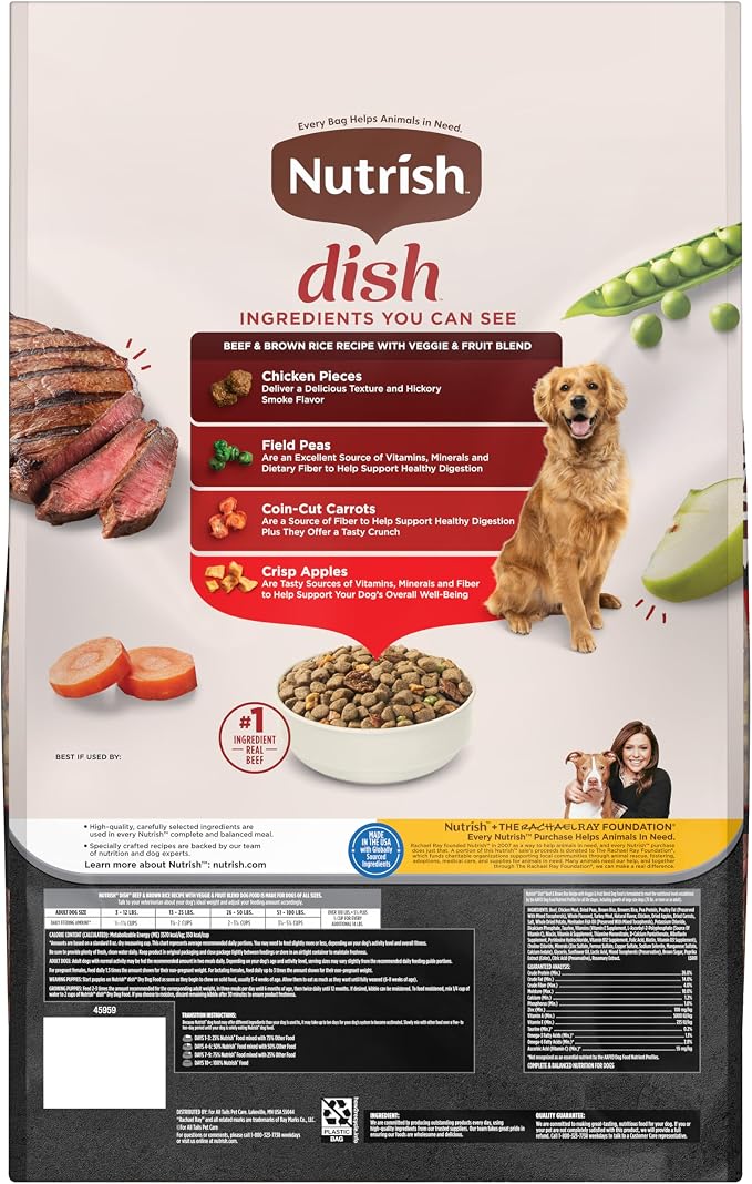 Nutrish Dish Dry Dog Food, Beef Recipe, 23 lb. Bag (Rachael Ray) | Made with Brown Rice and Veggies & Fruit Blend, Veterinarian Reviewed Formula, Complete & Balanced Nutrition For Dogs