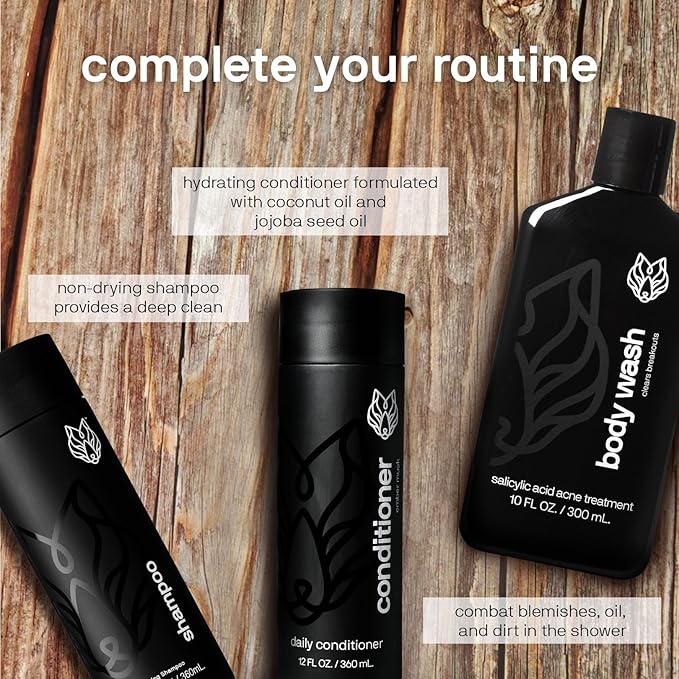Black Wolf 3-Pack Moisturizing Body Wash & Silicone Body Scrubber Kit for Men - Mens Hydrating Bodywash for Dry, Dehydrated, & Sensitive Skin - Men's Shower & Bathroom Essentials Gift Set