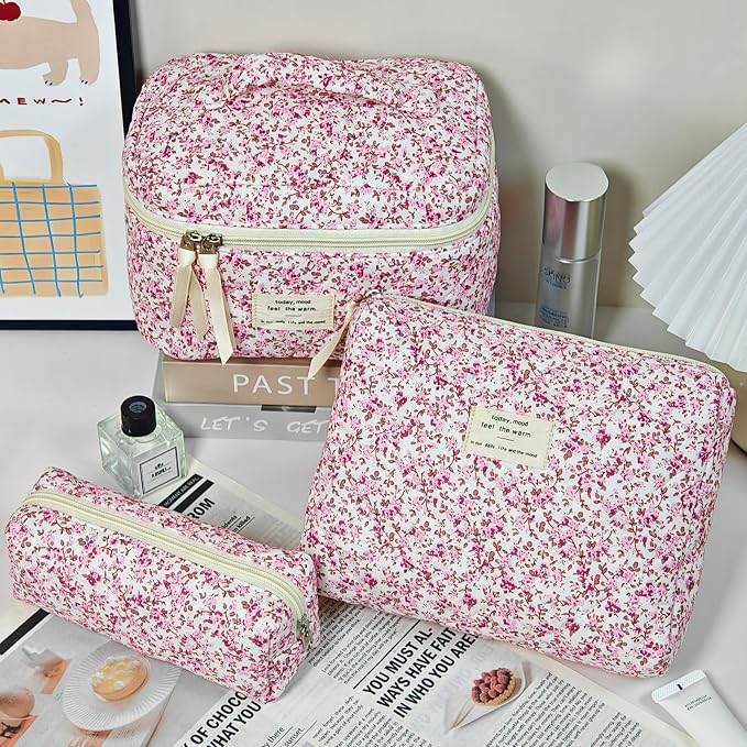 GISMTR 3Pcs Makeup Bag Cotton Quilted Travel Cosmetic Bag Cute Floral Makeup Pouch Large Toiletry Bag for Women Girls