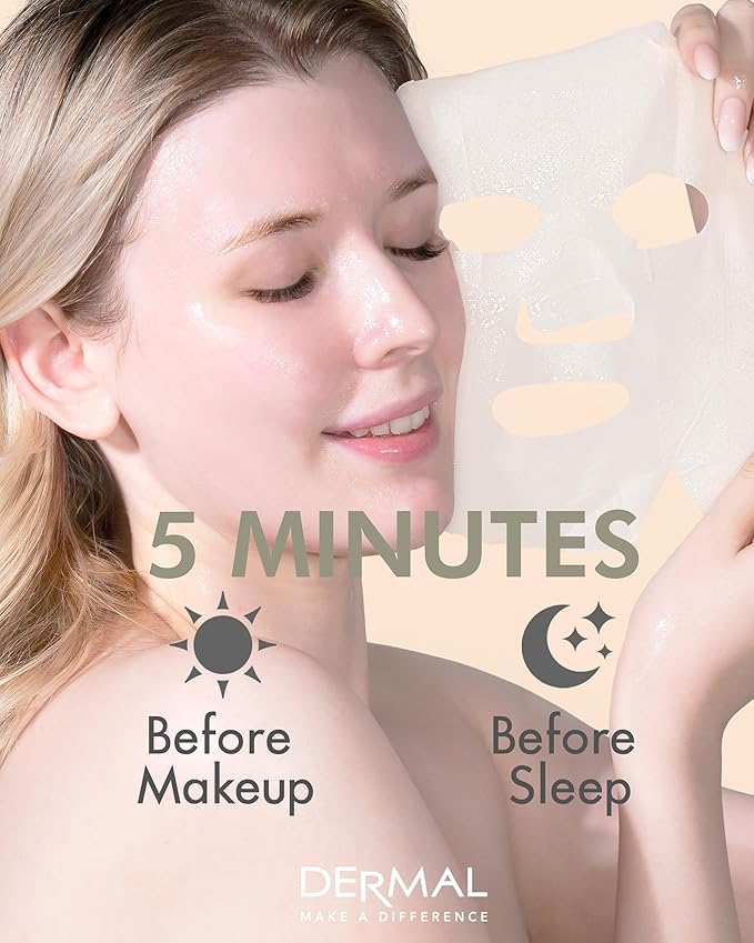 DERMAL Syn-Ake Collagen Essence Facial Mask Sheet 23g Pack of 10 - Peptide Contained, Anti Aging & Anti Wrinkle, Daily Skin Treatment Solution Sheet Mask