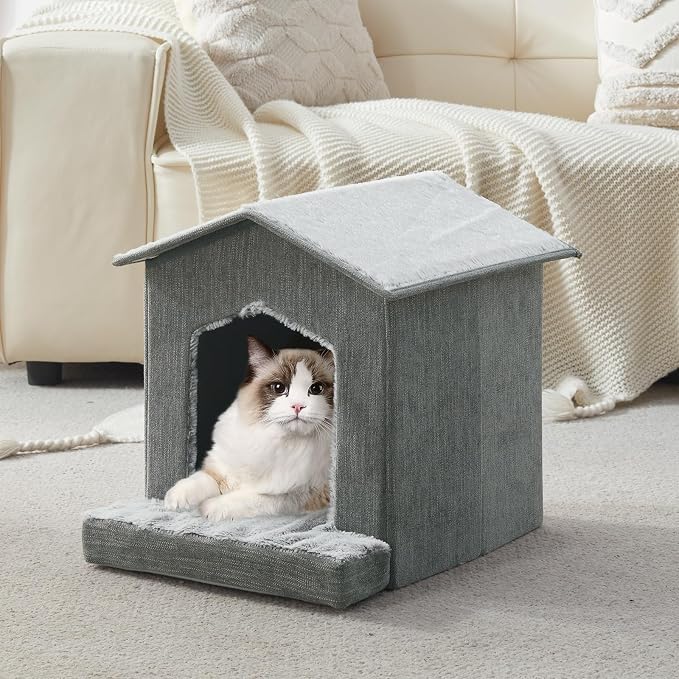 Cat Beds for Indoor Cats,Cat Houses,Cat Cave with Orthopedic Cushion,Foldable Cat Condos,Hideaway,Shelter,Gray Cat Tent for Small Dogs and Rabbit,Squirrel
