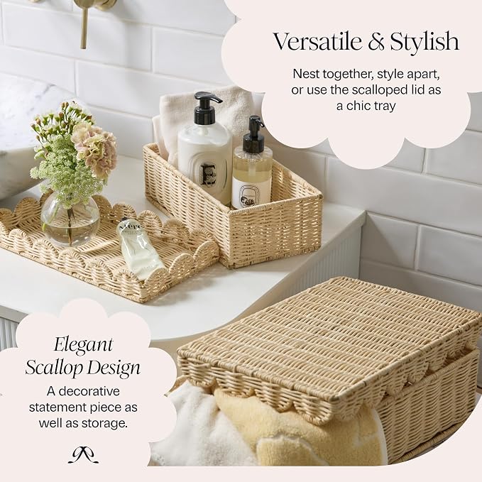 BEBE BASK Stackable Decorative Storage Boxes with Lid, Set of 2-14×8×4 in | Handwoven, Scalloped Wicker Basket for Home Decor, Baby Keepsake Box & Memory Box for Keepsakes for Nursery