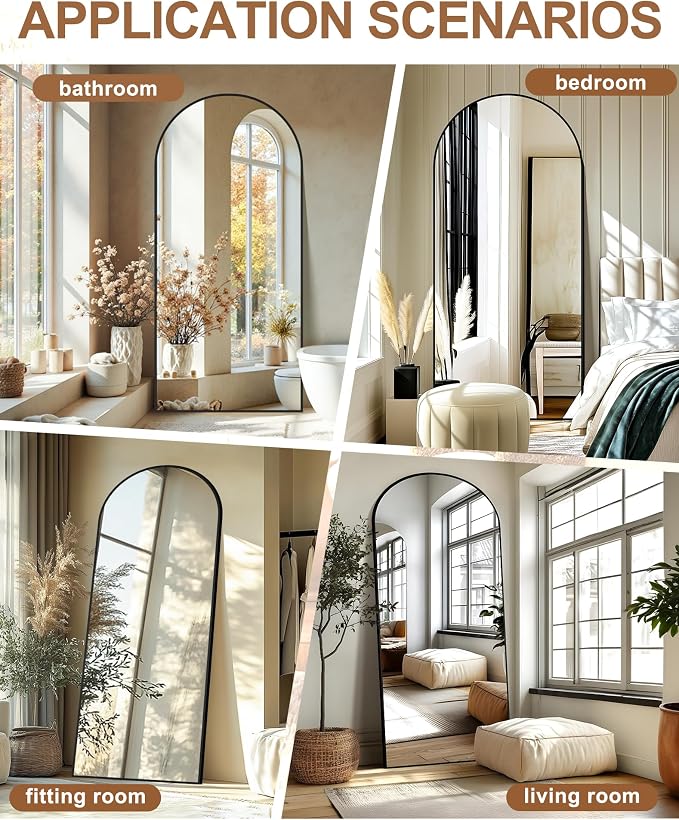 Arched Full Length Mirror with Stand, 75x35 Black Floor Mirror | Aluminium alloy frame with HD float glass for distortion-free reflection. Free standing or wall mounted.