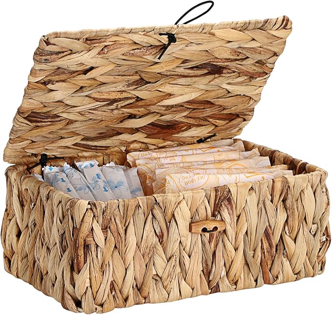 Sumnacon Woven Tampon Holder for Bathroom, Wicker Water Hyacinth Feminine Product Organizer with Lid, Farmhouse Rustic Tampon and Pad Organizer, Woven Storage Baskets Bin for Counter Toilet Tank