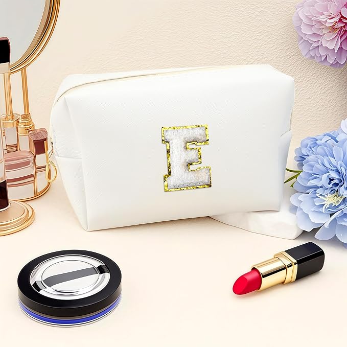 URSKYTOUS Gifts for Girls Initial Makeup Bag Personalized Cosmetic Bag with Zipper Cute Travel Toiletry Bags Waterproof PU Preppy Makeup Pouch Birthday Gift for Teen Girls Women(White E)