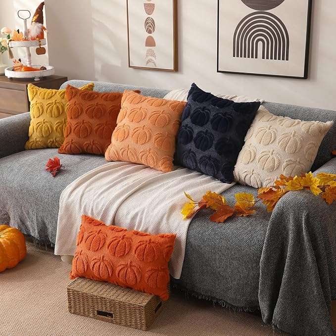 DFXSZ Fall Pillow Covers 12x20 2Pcs Orange Pumpkin Fall Decoration for Home | Fall decor Set of 2 Throw Pillow Cases Soft Plush Faux Fur Wool Couch Cushion for Chair Sofa Bedroom Living Room Home Decor