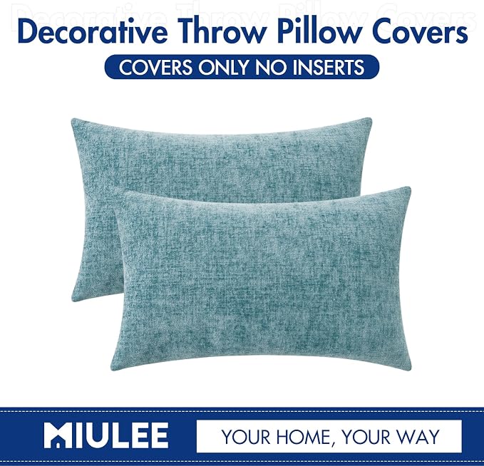 MIULEE Soft Chenille Lumbar Throw Pillow Covers Smoke Blue 12x20 Pack of 2 | Modern Coastal Home Decor, Classic Decorative Pillows, Solid Dyed Cases, Boho Couch Cushion Covers for Sofa Bed Living Room